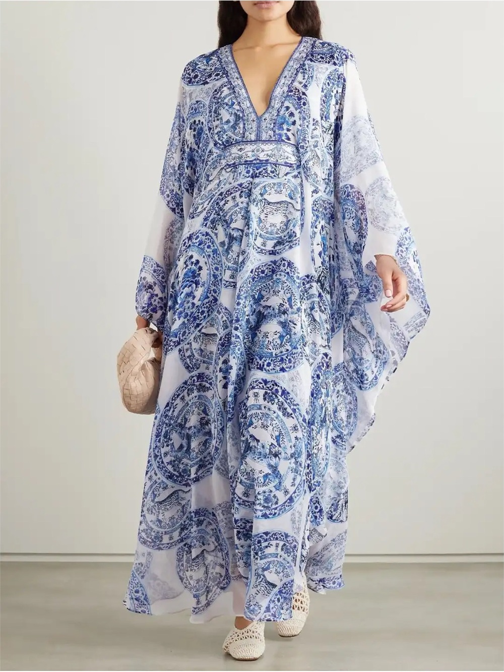 Camilla Silk Kaftan Ceramic Panoramic Rhinestones Jewels V-Neck Maxi Dress OSFM
